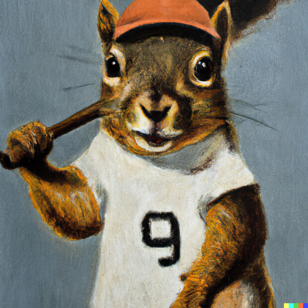 a portrait of a squirrel with a hat and baseball bat oil painting